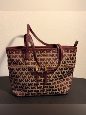 Michael Kors Savannah Burgundy and Brown MK Logo Tote